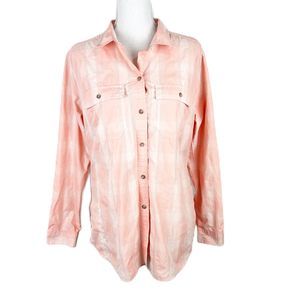 Eddie Bauer Button Down Shirt Women XL Peach Plaid Long Sleeve Hiking Outdoor